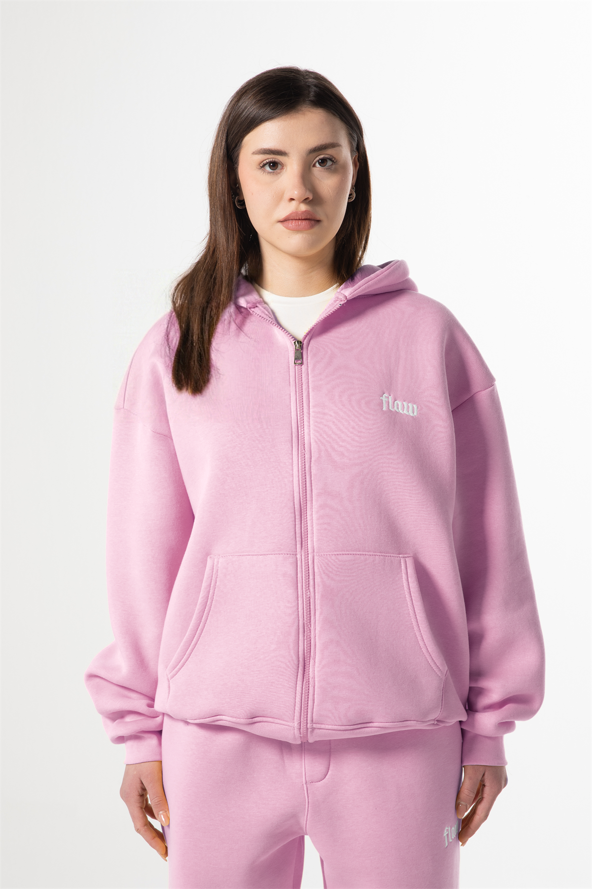 Flaw Nakışlı Pembe Zip Hoodie