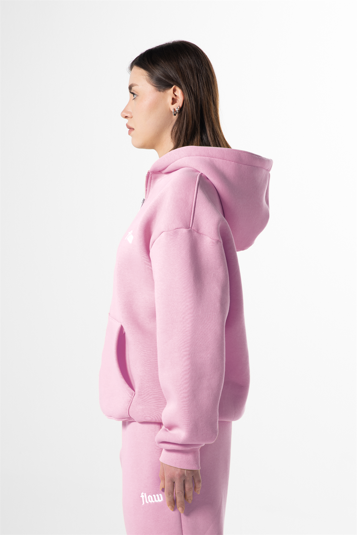 Flaw Nakışlı Pembe Zip Hoodie