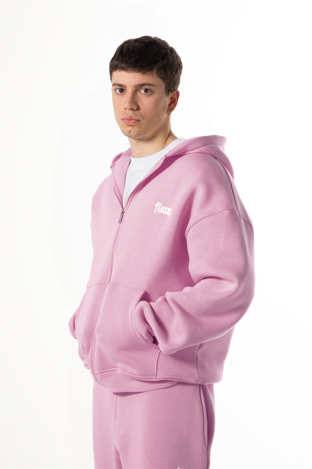 Flaw Nakışlı Pembe Zip Hoodie