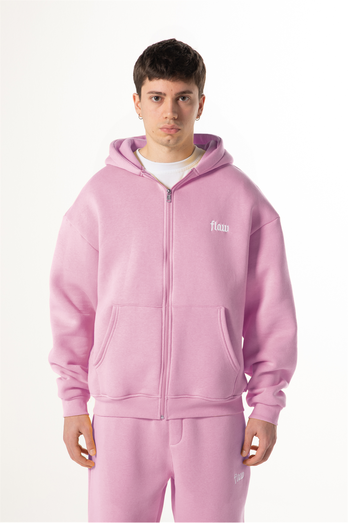 Flaw Nakışlı Pembe Zip Hoodie