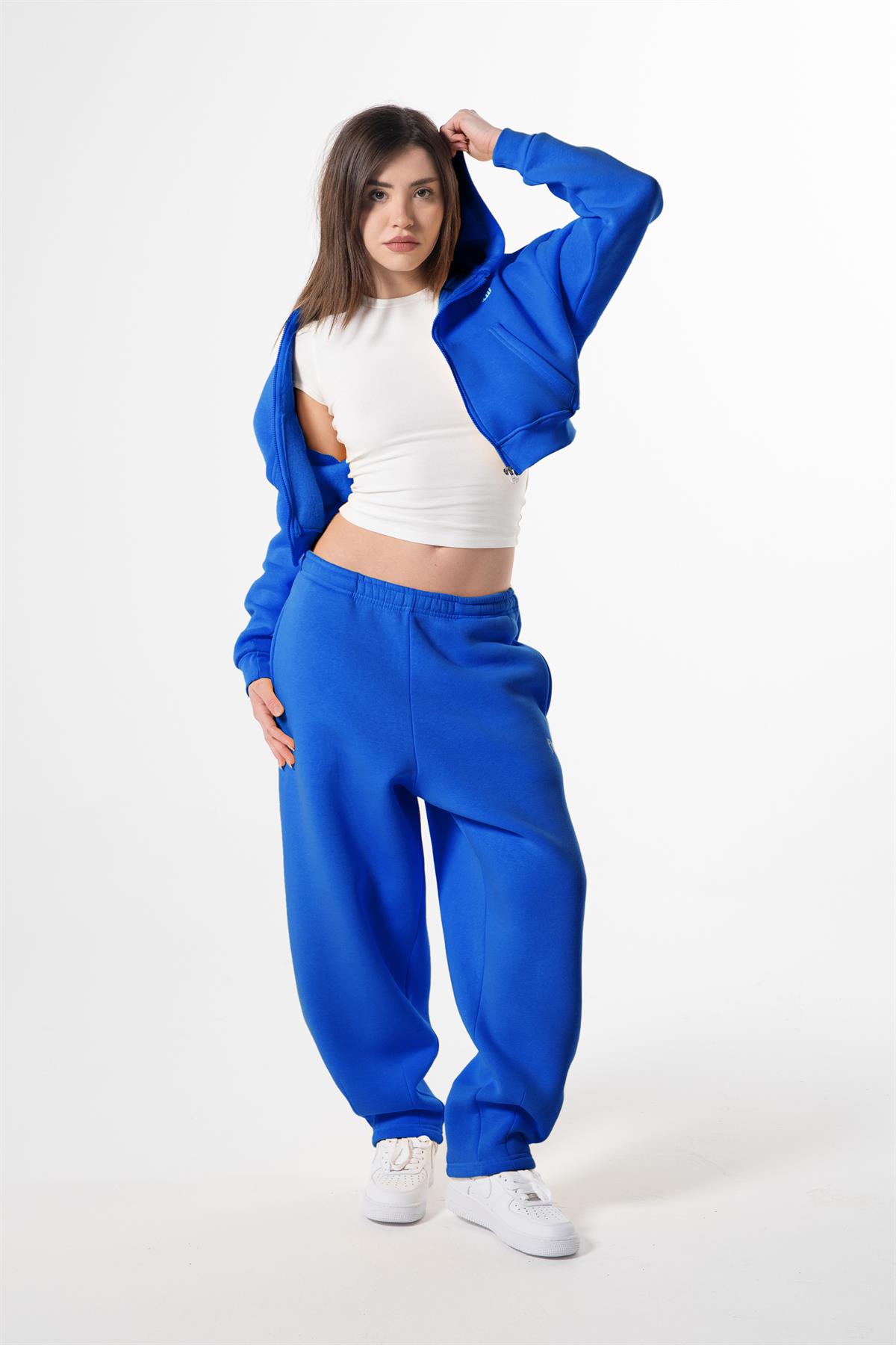 Flaw Nakışlı Saks Mavi Zip Crop