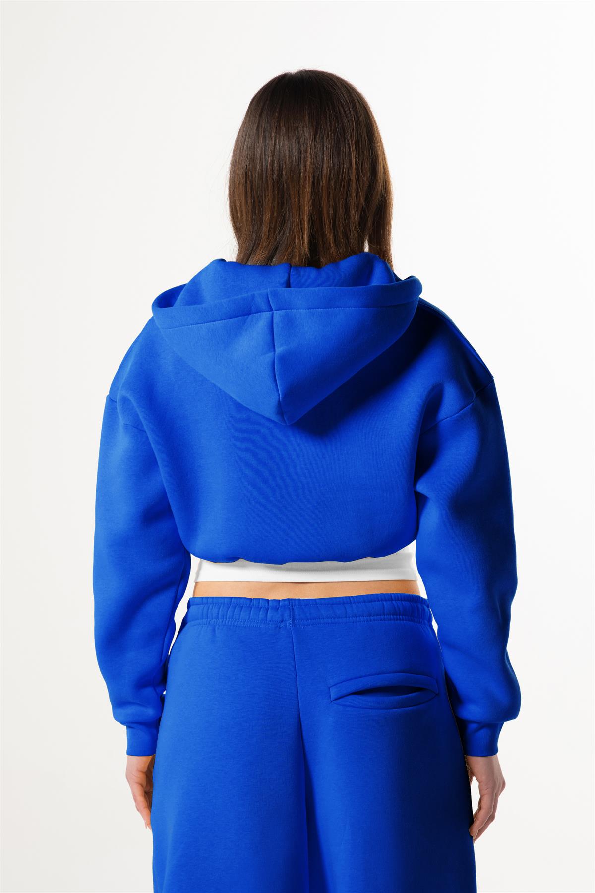 Flaw Nakışlı Saks Mavi Zip Crop