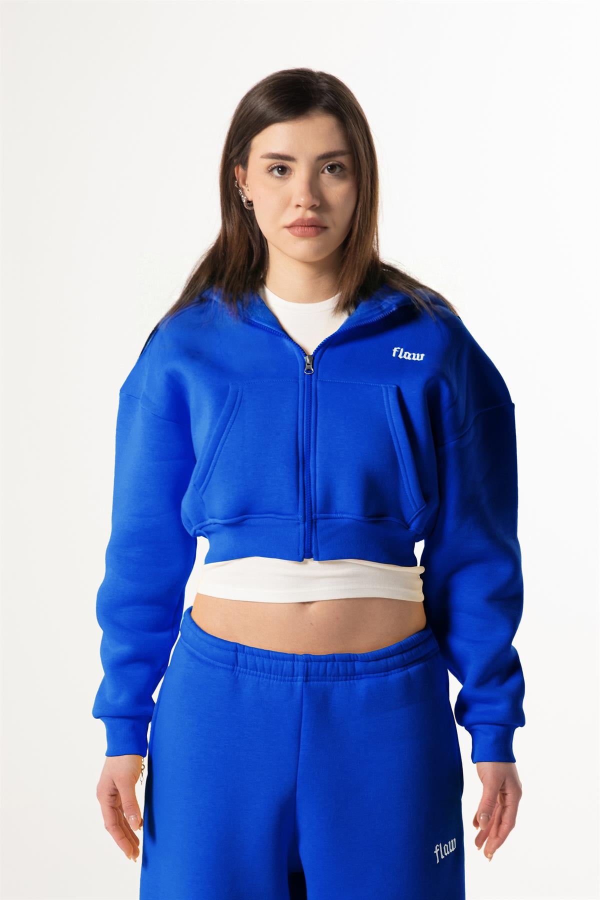 Flaw Nakışlı Saks Mavi Zip Crop