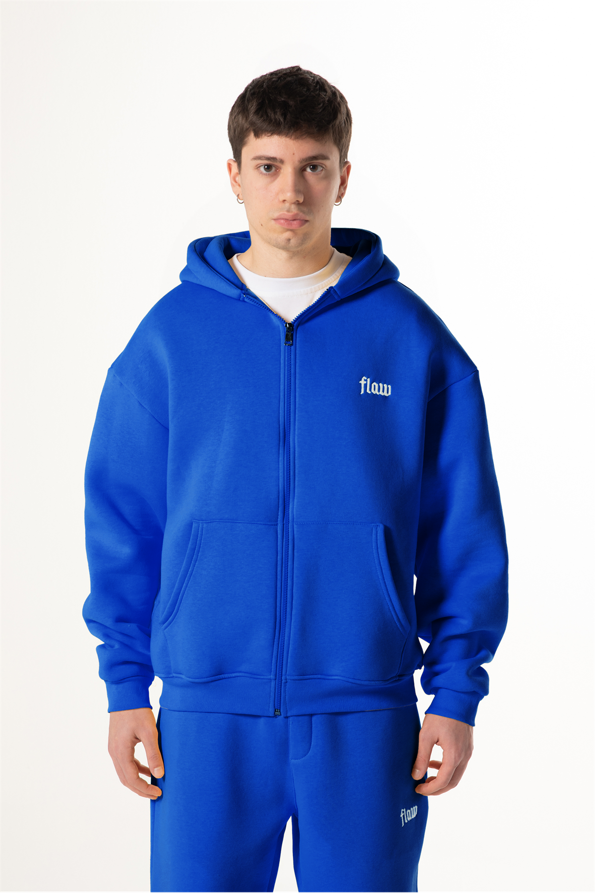 Flaw Nakışlı Saks Mavi Zip Hoodie