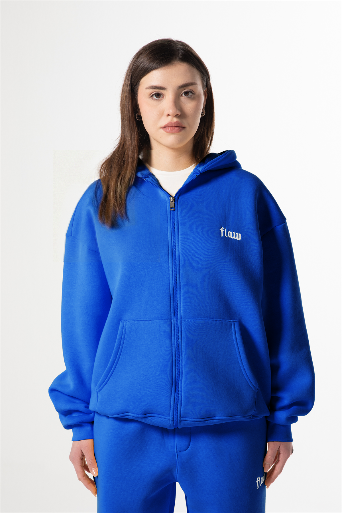 Flaw Nakışlı Saks Mavi Zip Hoodie