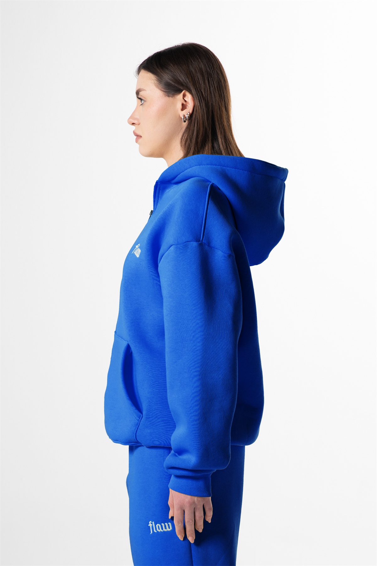 Flaw Nakışlı Saks Mavi Zip Hoodie
