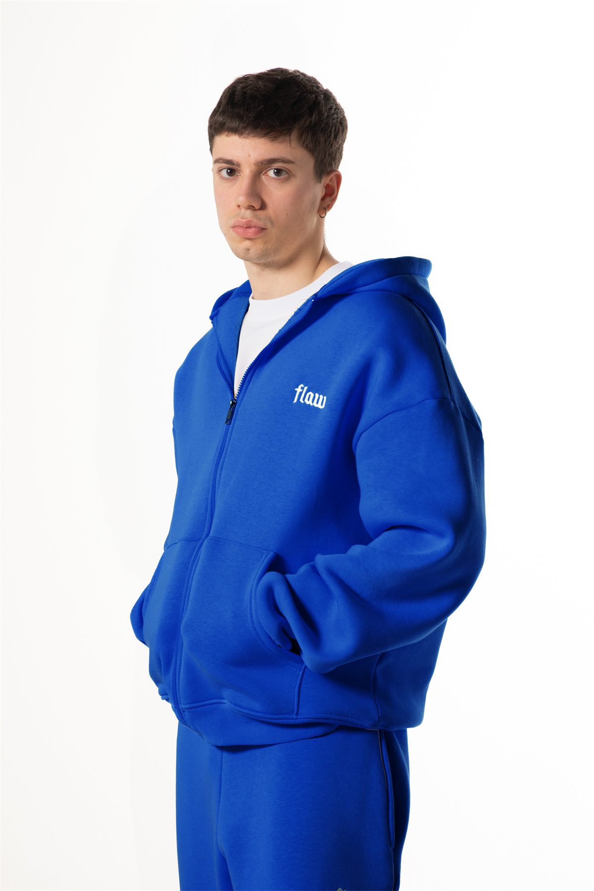 Flaw Nakışlı Saks Mavi Zip Hoodie