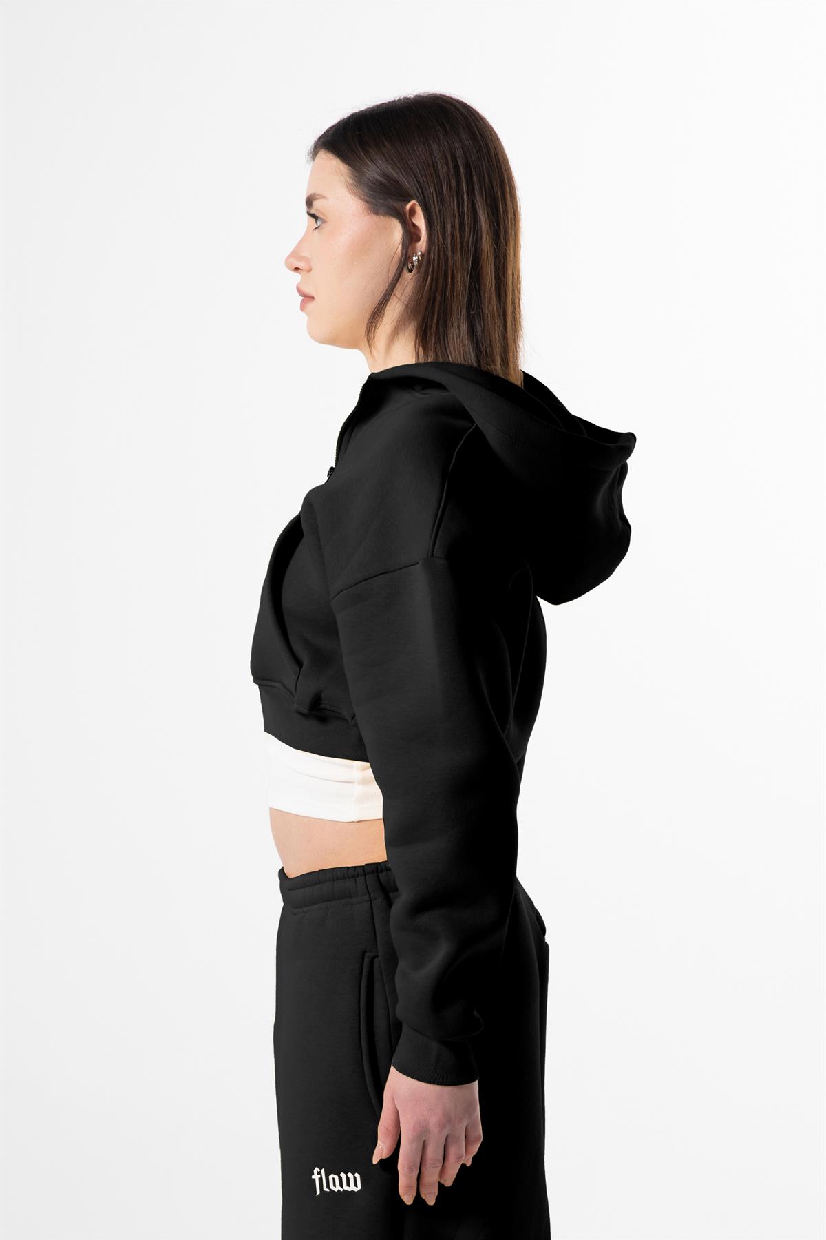 Flaw Nakışlı Siyah Zip Crop