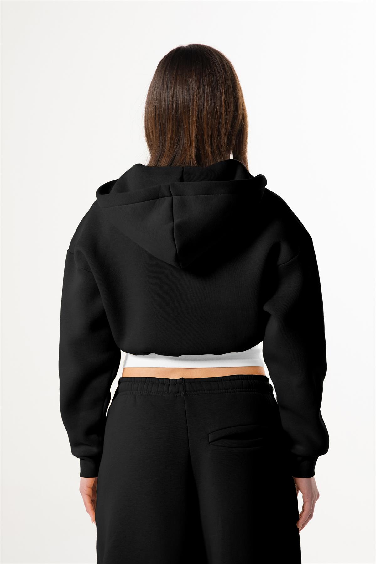 Flaw Nakışlı Siyah Zip Crop