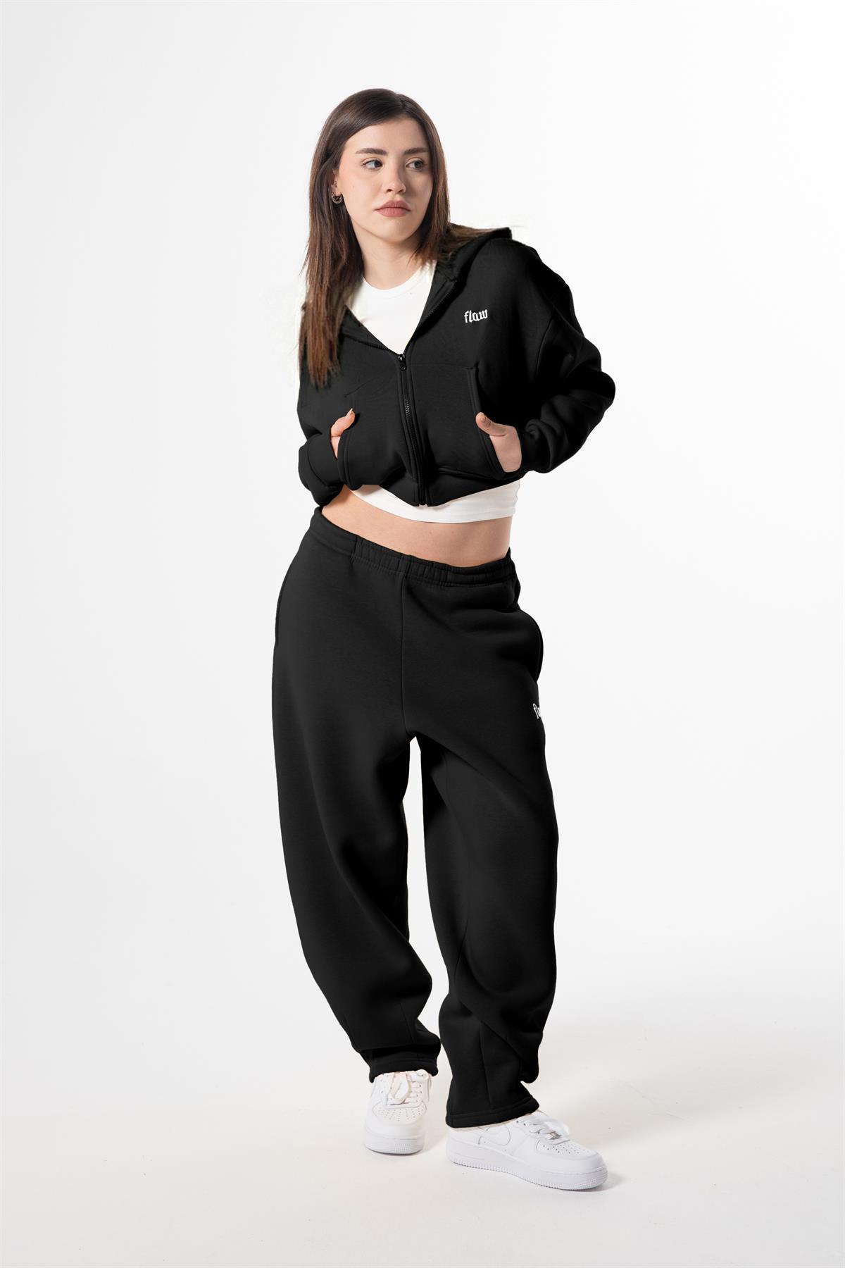 Flaw Nakışlı Siyah Zip Crop