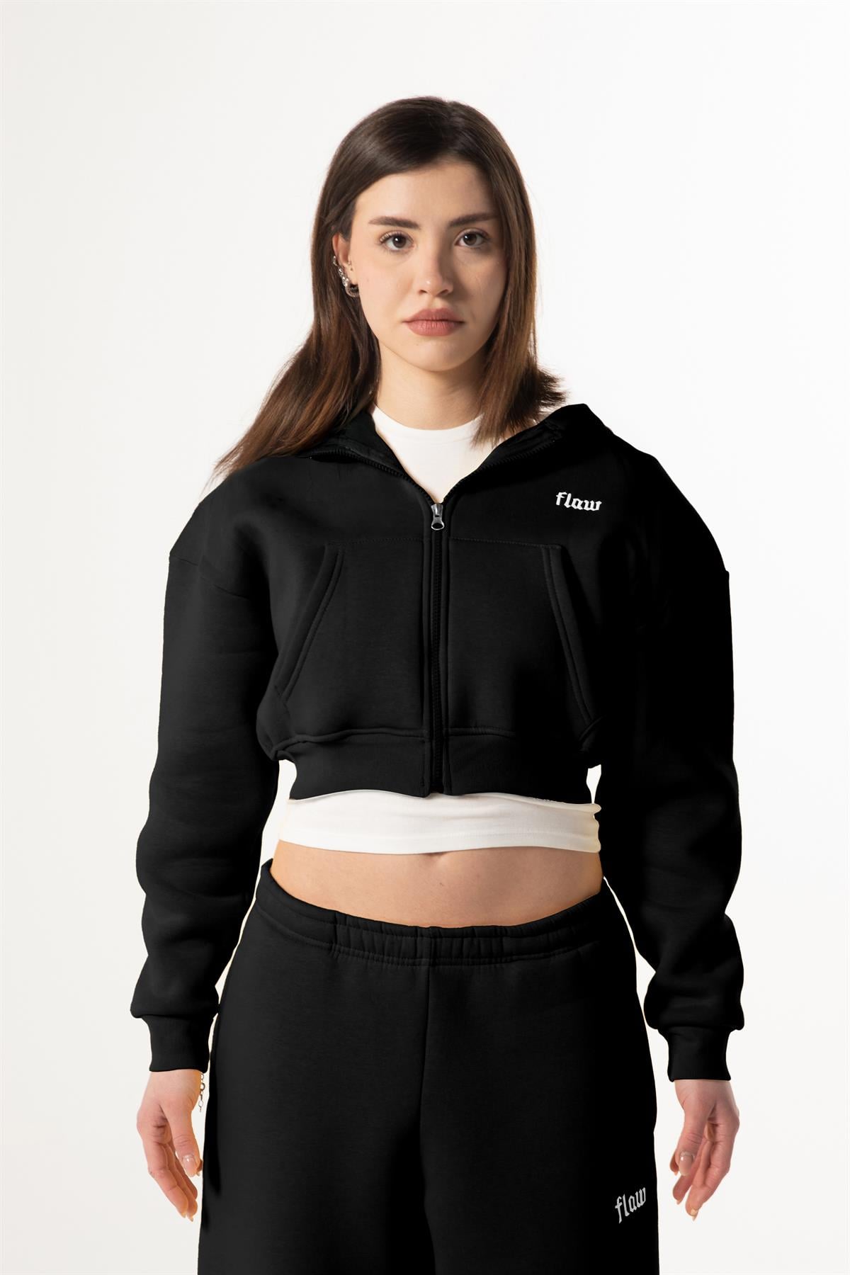Flaw Nakışlı Siyah Zip Crop