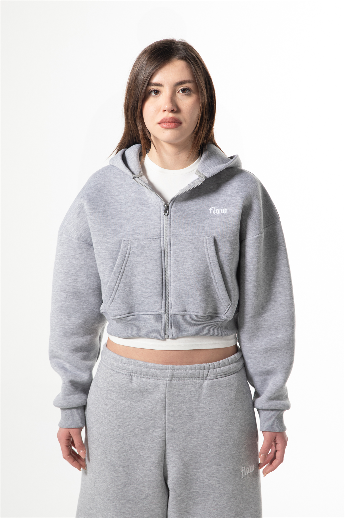 Flaw Nakışlı Gri Melanj Zip Crop