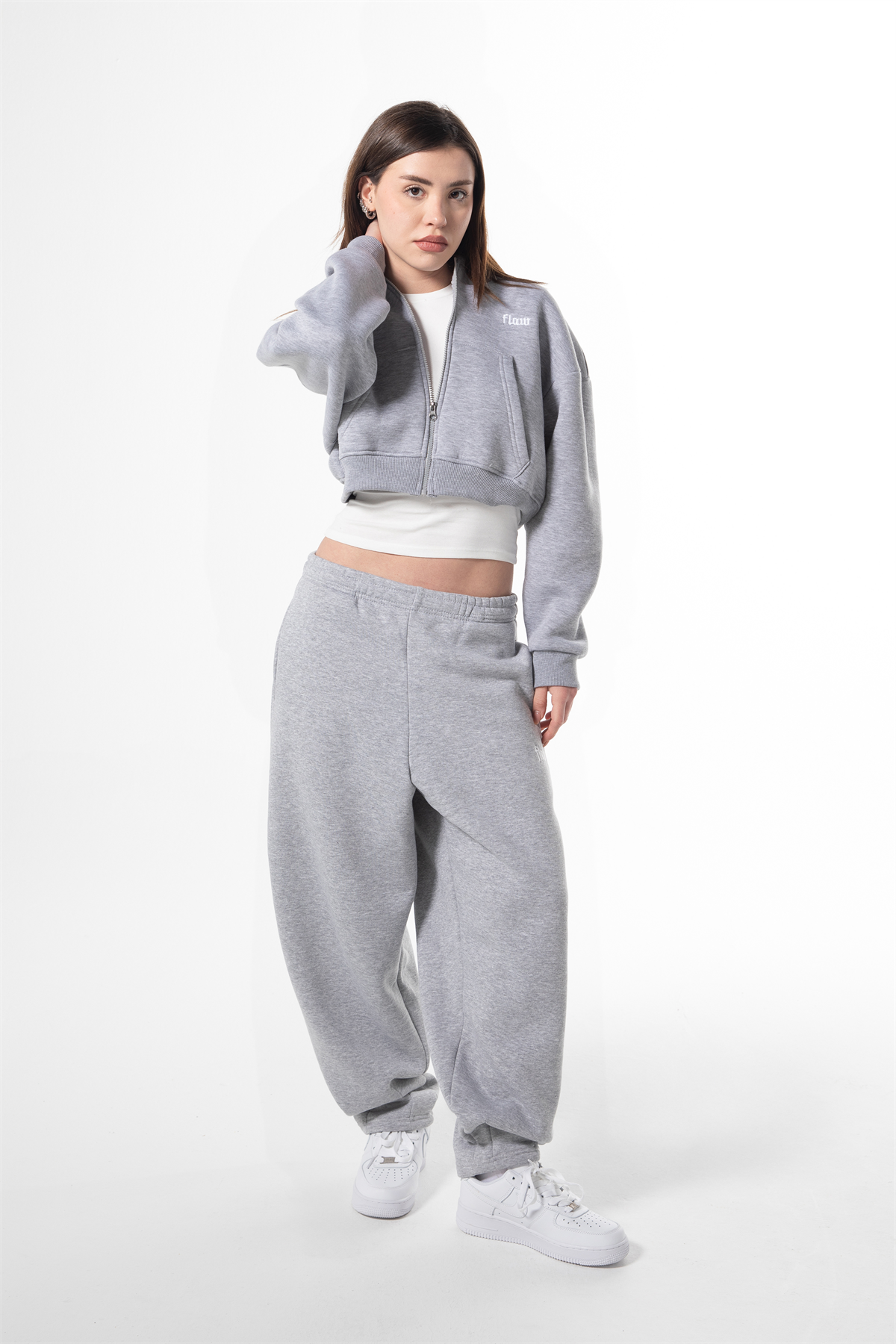 Flaw Nakışlı Gri Melanj Zip Crop