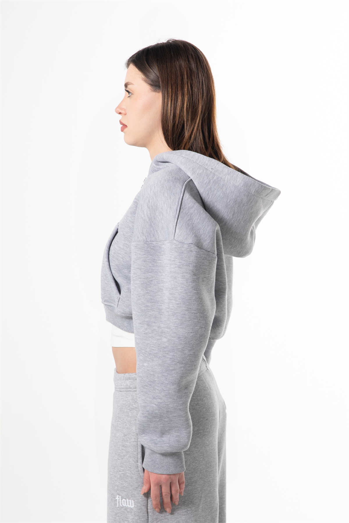 Flaw Nakışlı Gri Melanj Zip Crop