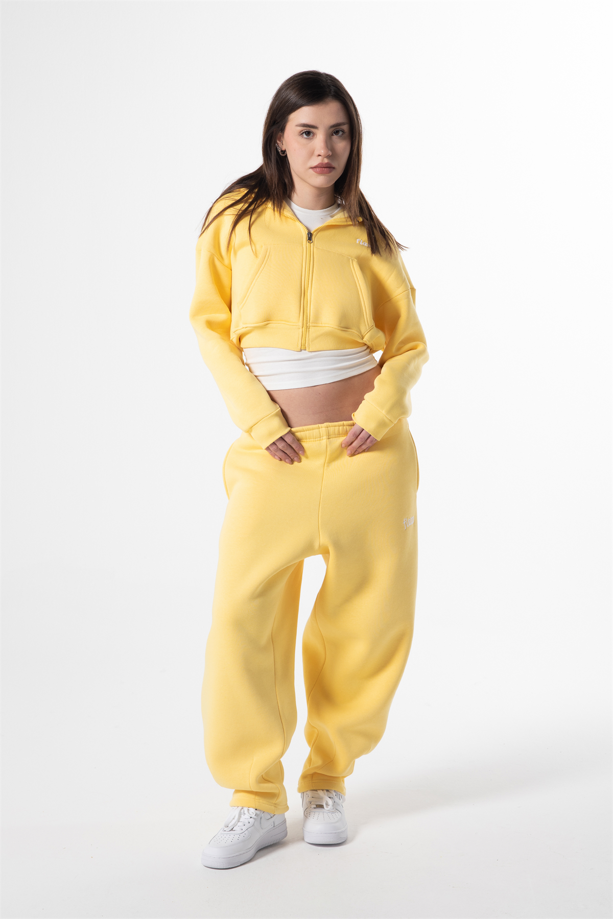 Flaw Nakışlı Sarı Zip Crop