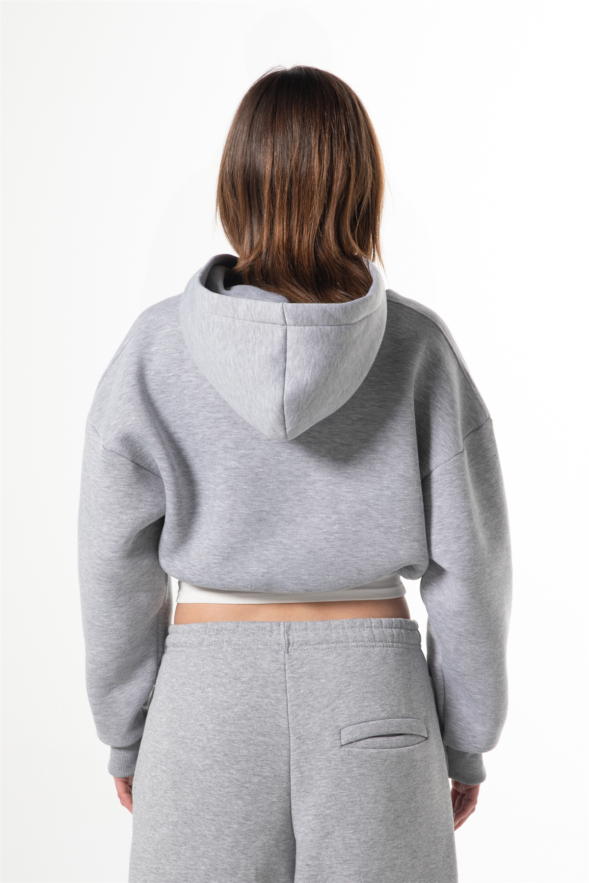 Flaw Nakışlı Gri Melanj Zip Crop