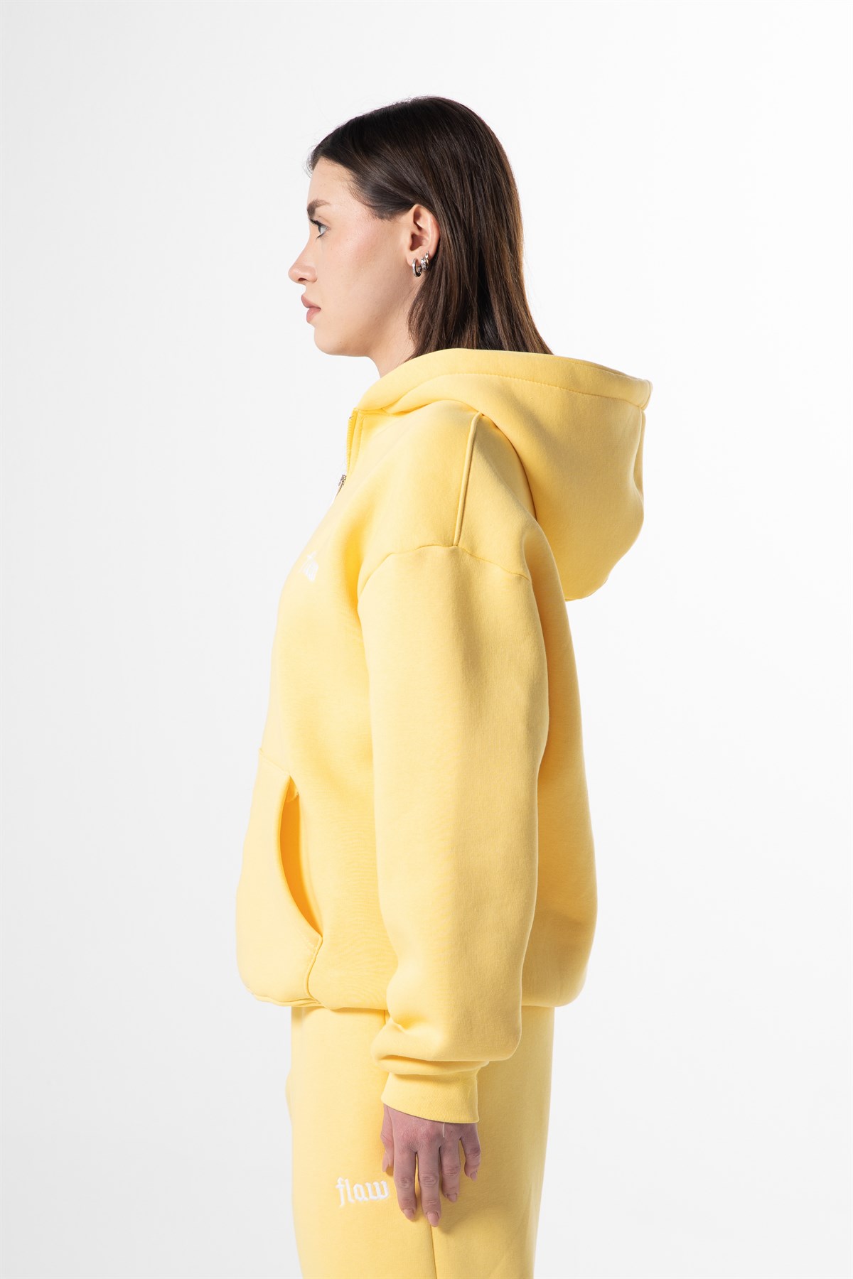 Flaw Nakışlı Sarı Zip Hoodie