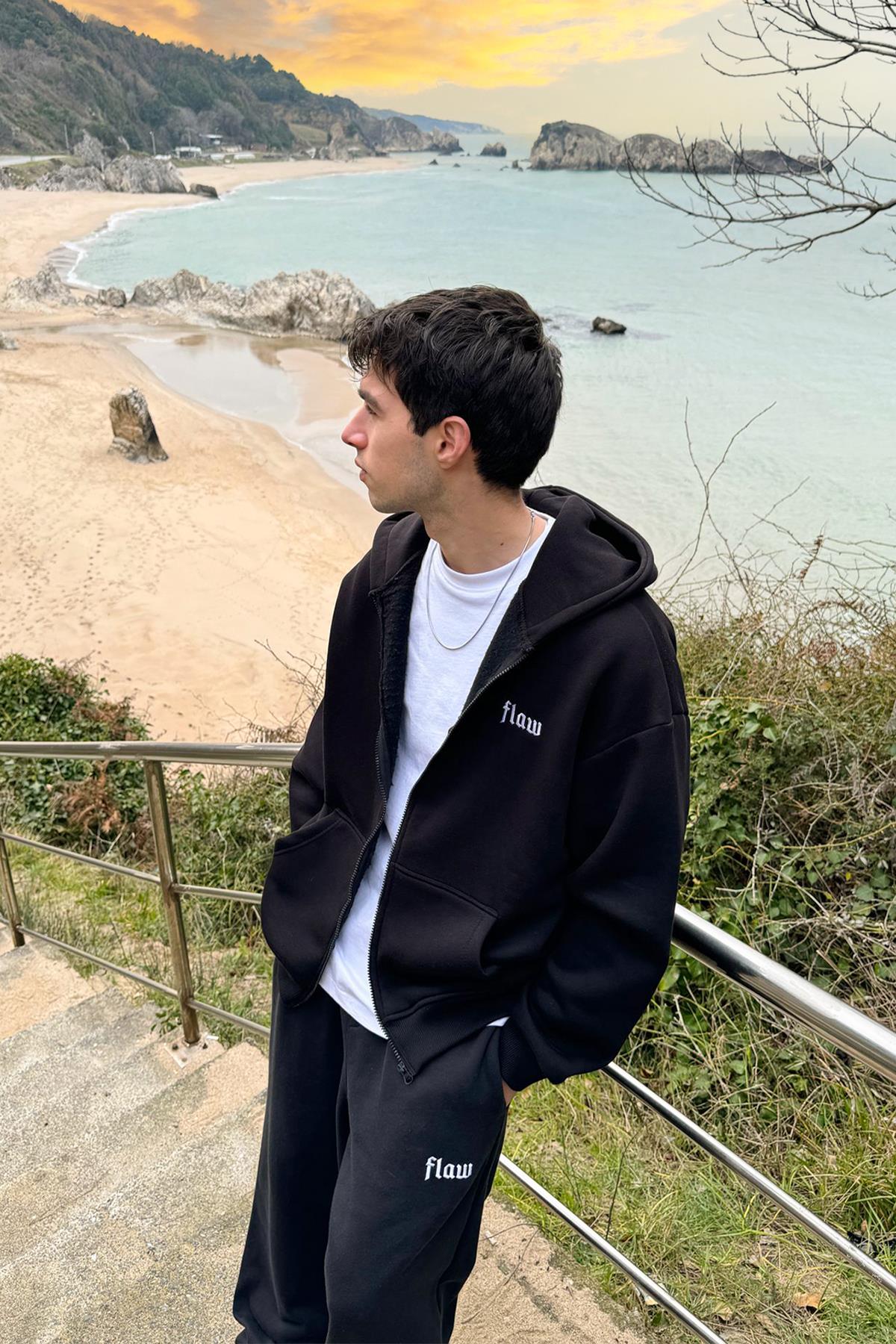 Flaw Nakışlı Zip Hoodie Siyah
