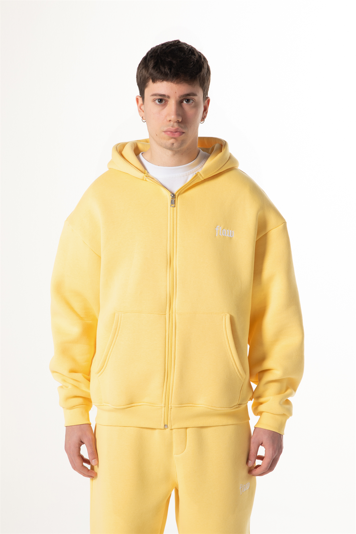Flaw Nakışlı Sarı Zip Hoodie
