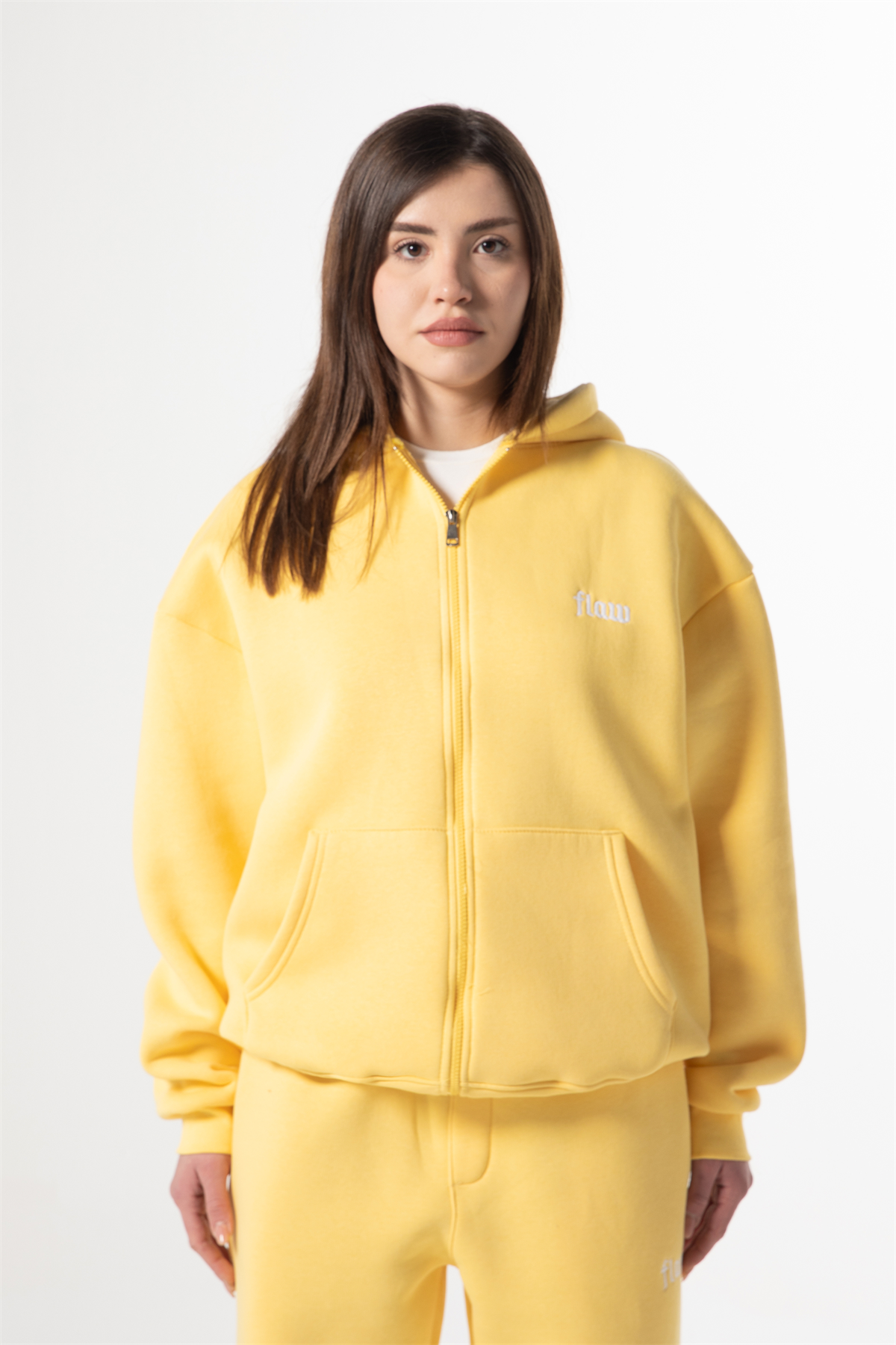 Flaw Nakışlı Sarı Zip Hoodie