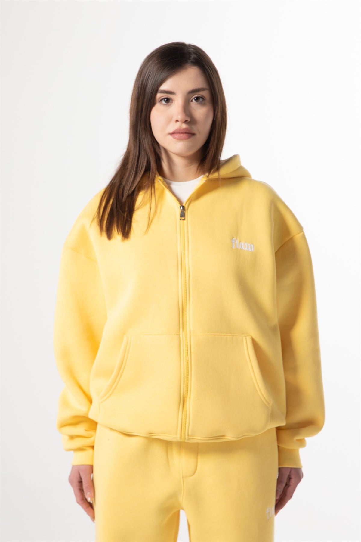 Flaw Nakışlı Sarı Zip Hoodie