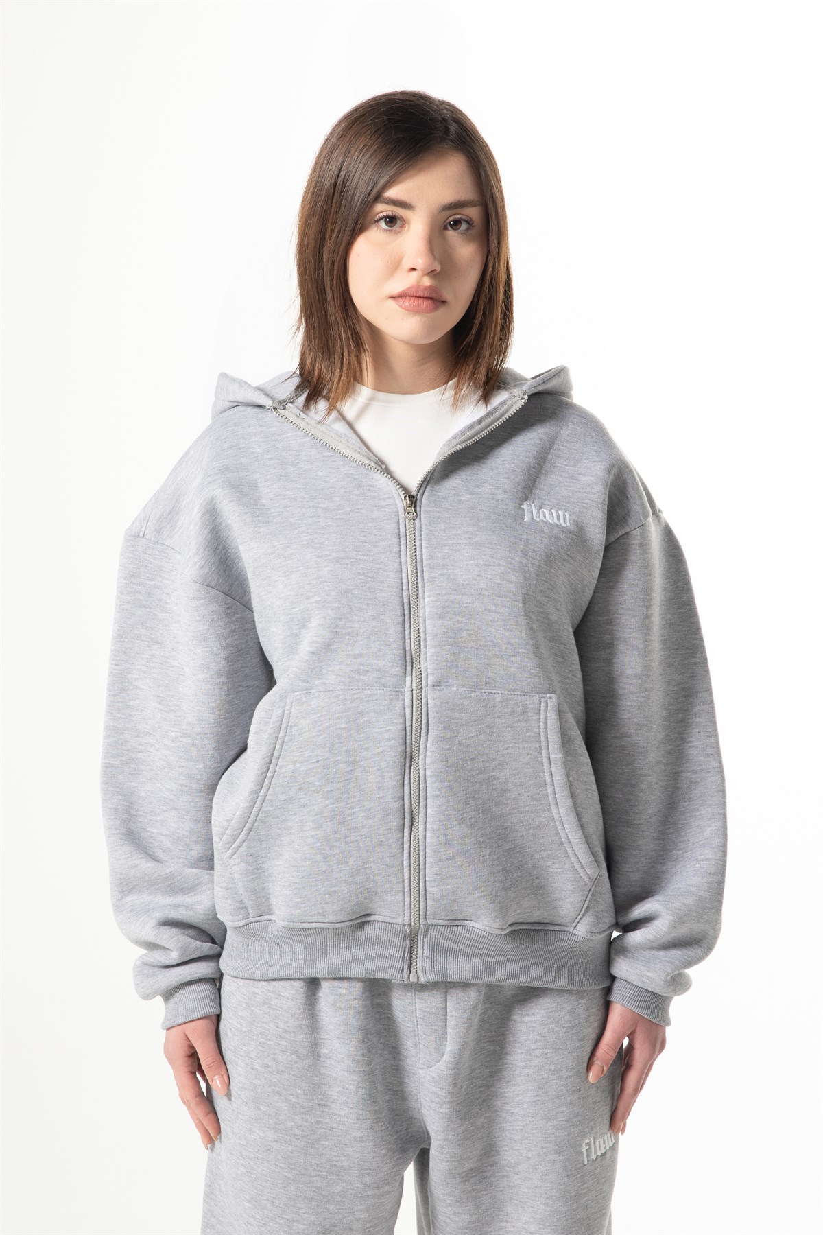 Flaw Nakışlı Zip Hoodie Gri Melanj