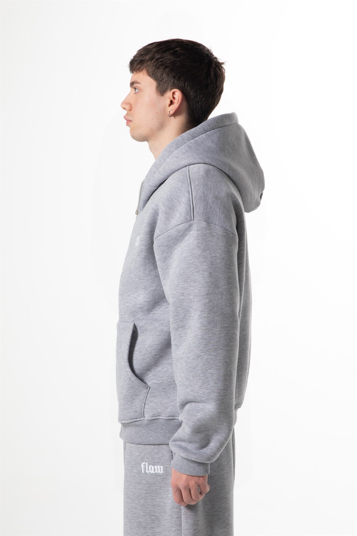 Flaw Nakışlı Zip Hoodie Gri Melanj
