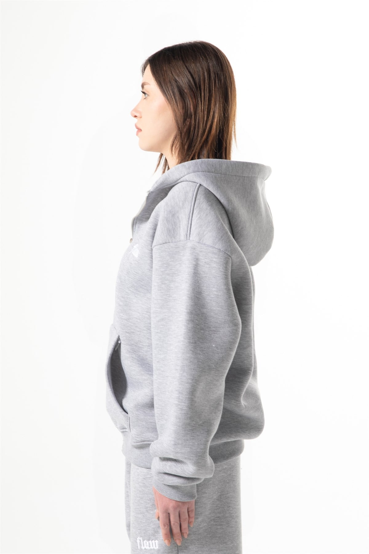 Flaw Nakışlı Zip Hoodie Gri Melanj