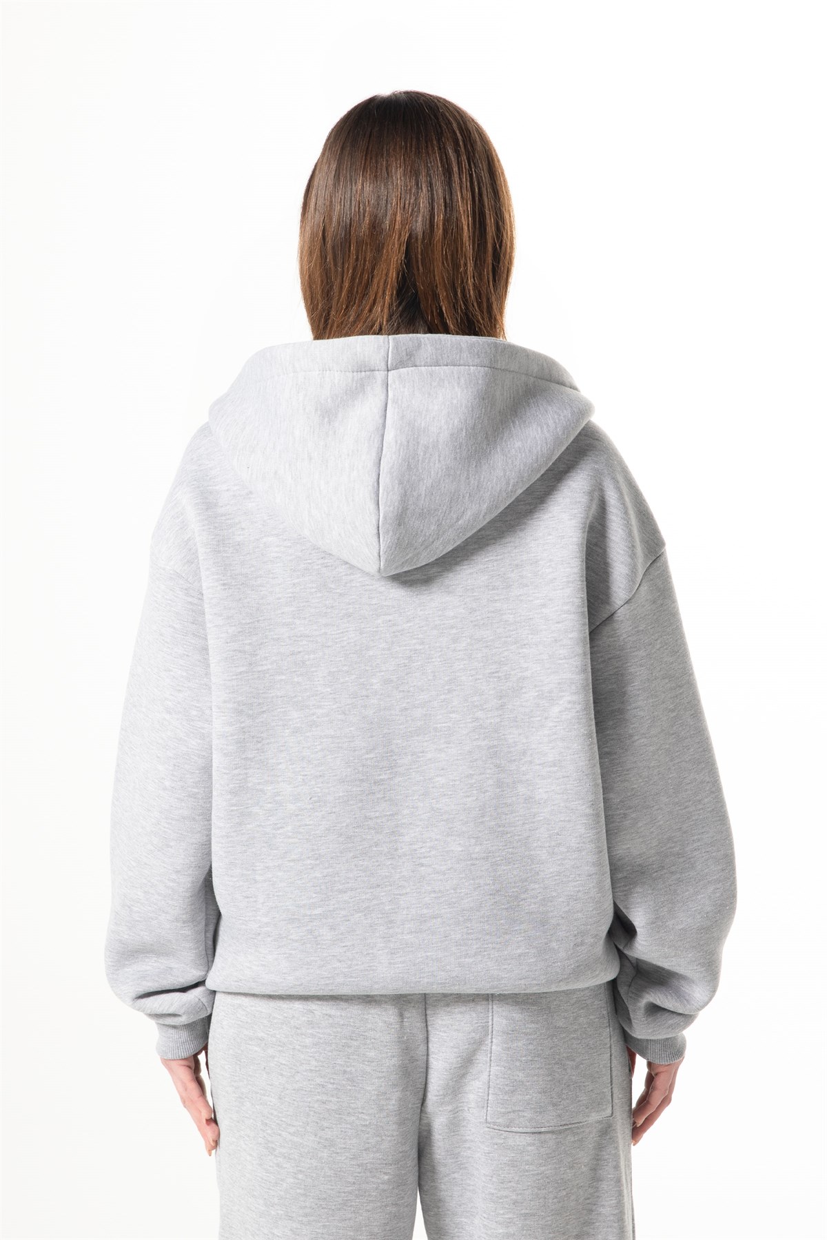 Flaw Nakışlı Zip Hoodie Gri Melanj