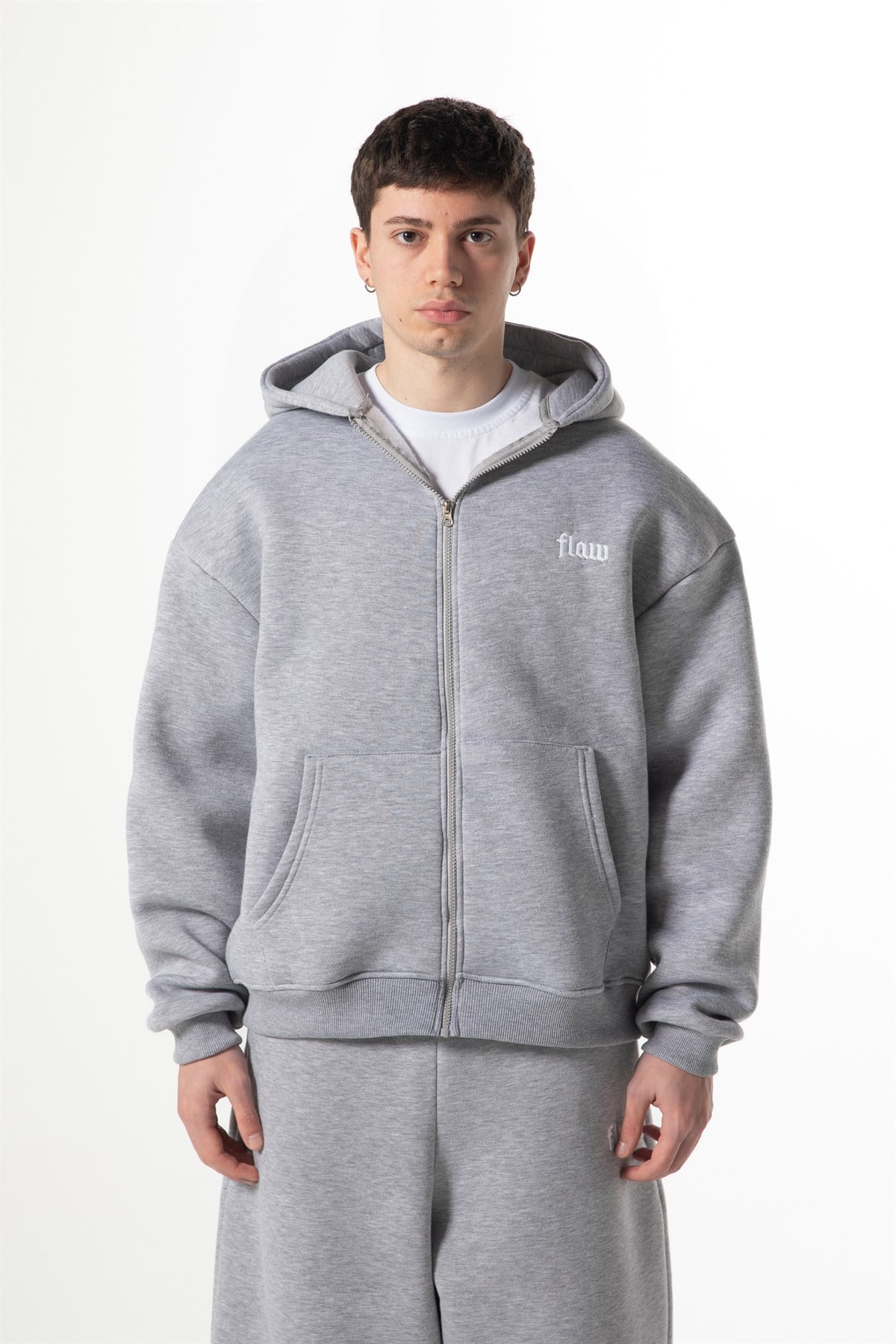 Flaw Nakışlı Zip Hoodie Gri Melanj