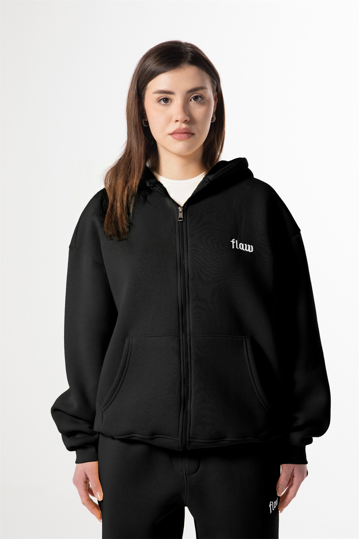 Flaw Nakışlı Zip Hoodie Siyah