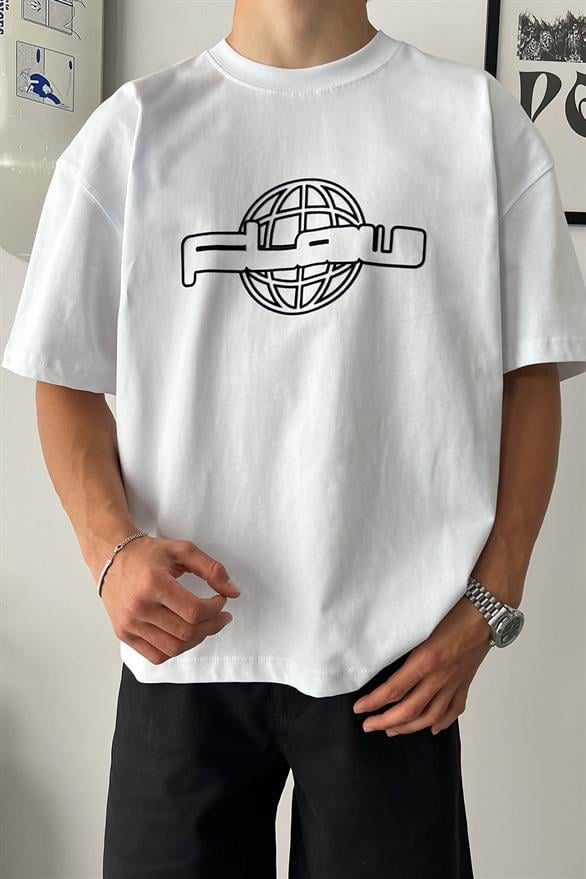 Flaw World Kadife Doku Baskılı Beyaz Oversize Tişört