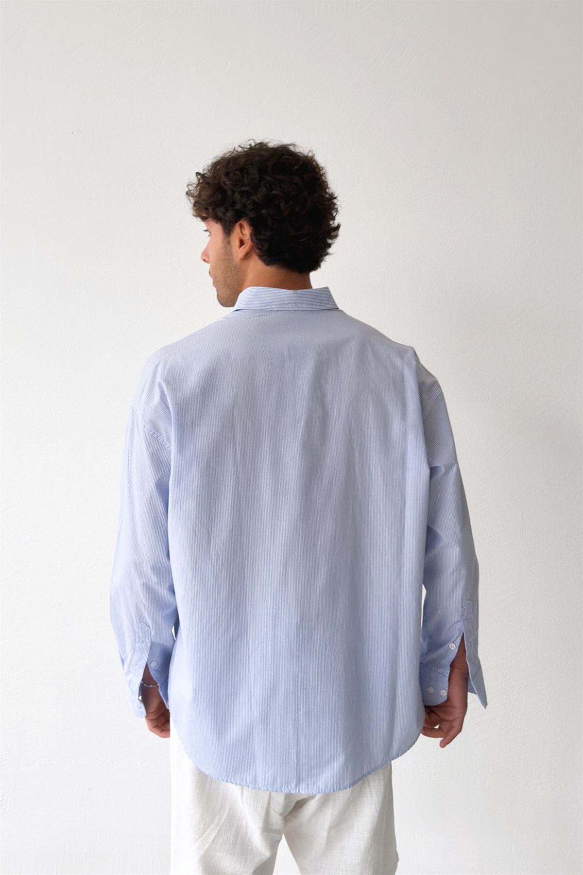 Forget The Future Nakışlı Çizgili Mavi Poplin Gömlek