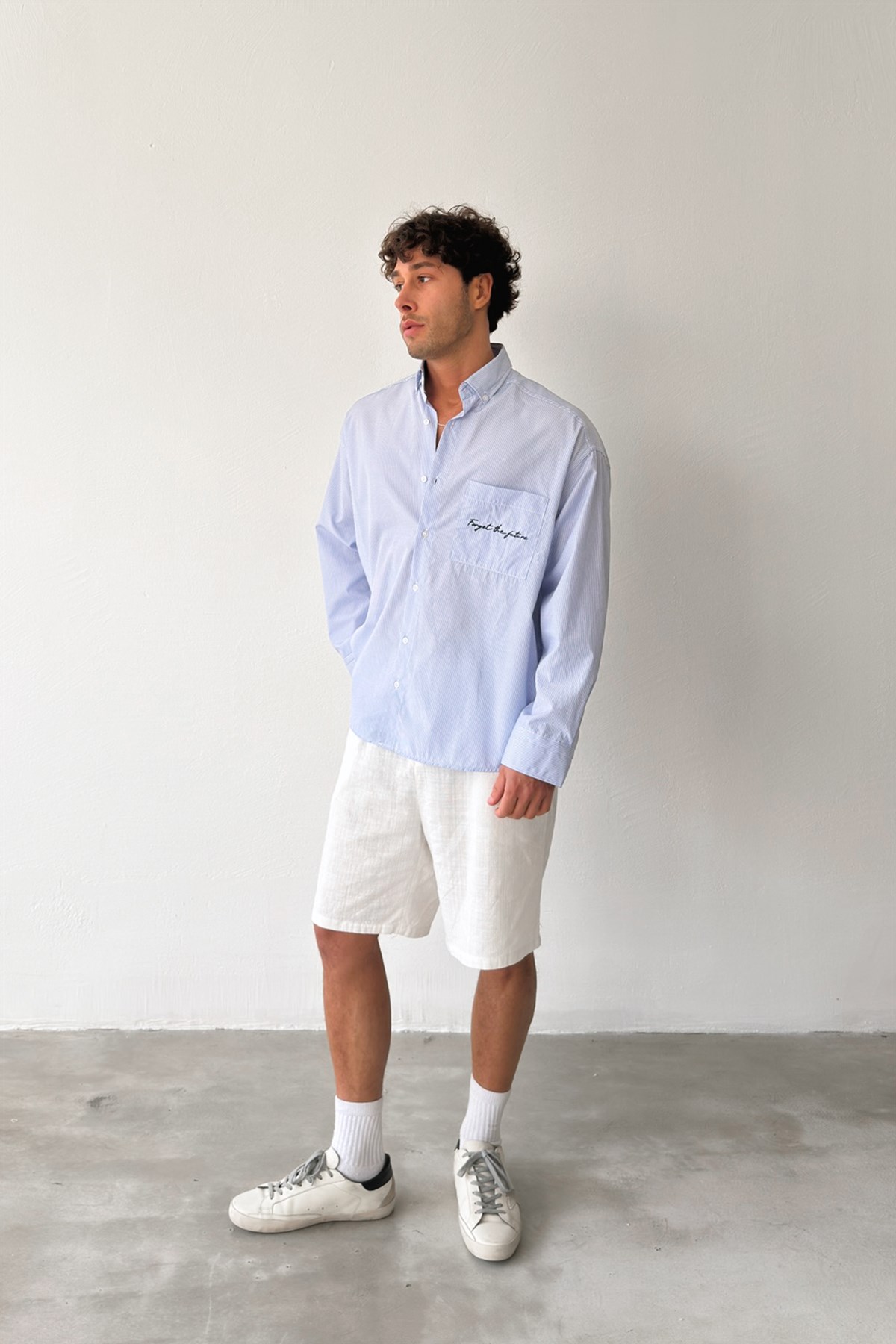 Forget The Future Nakışlı Çizgili Mavi Poplin Gömlek