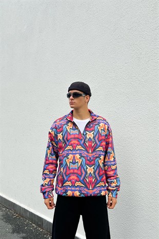 Geometric Pattern Colorful Hal-Zip Sweatshirt