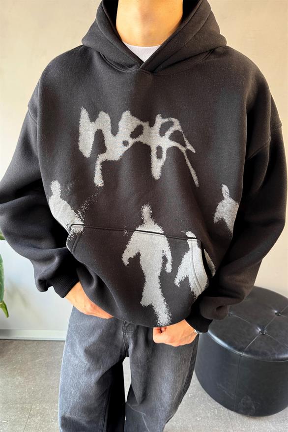 Ghost Baskılı Siyah Oversize Hoodie
