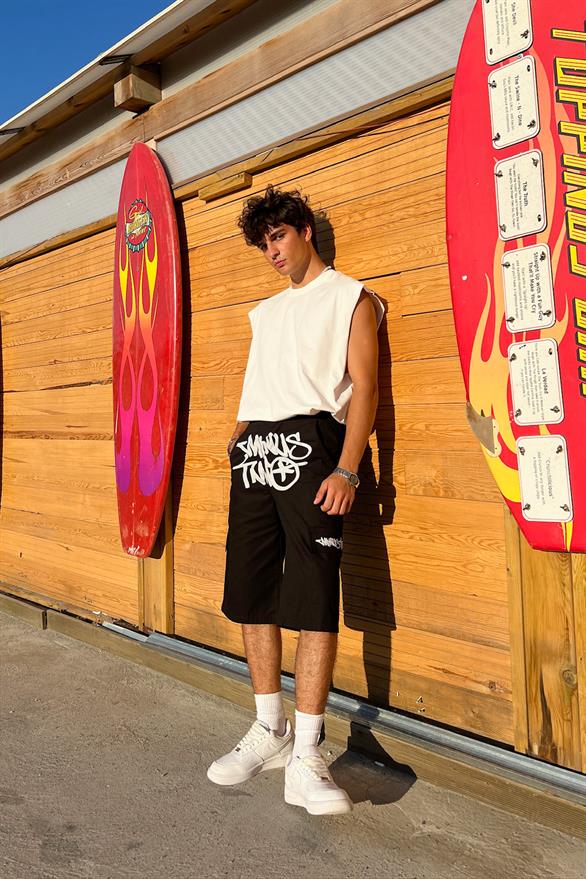 Graffiti Baskılı Baggy Şort Gri