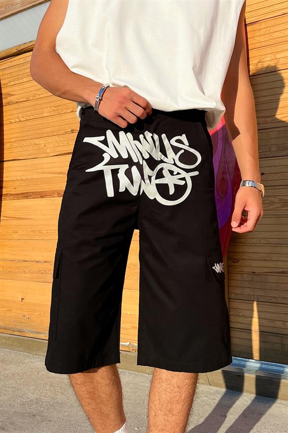 Graffiti Baskılı Baggy Şort Gri