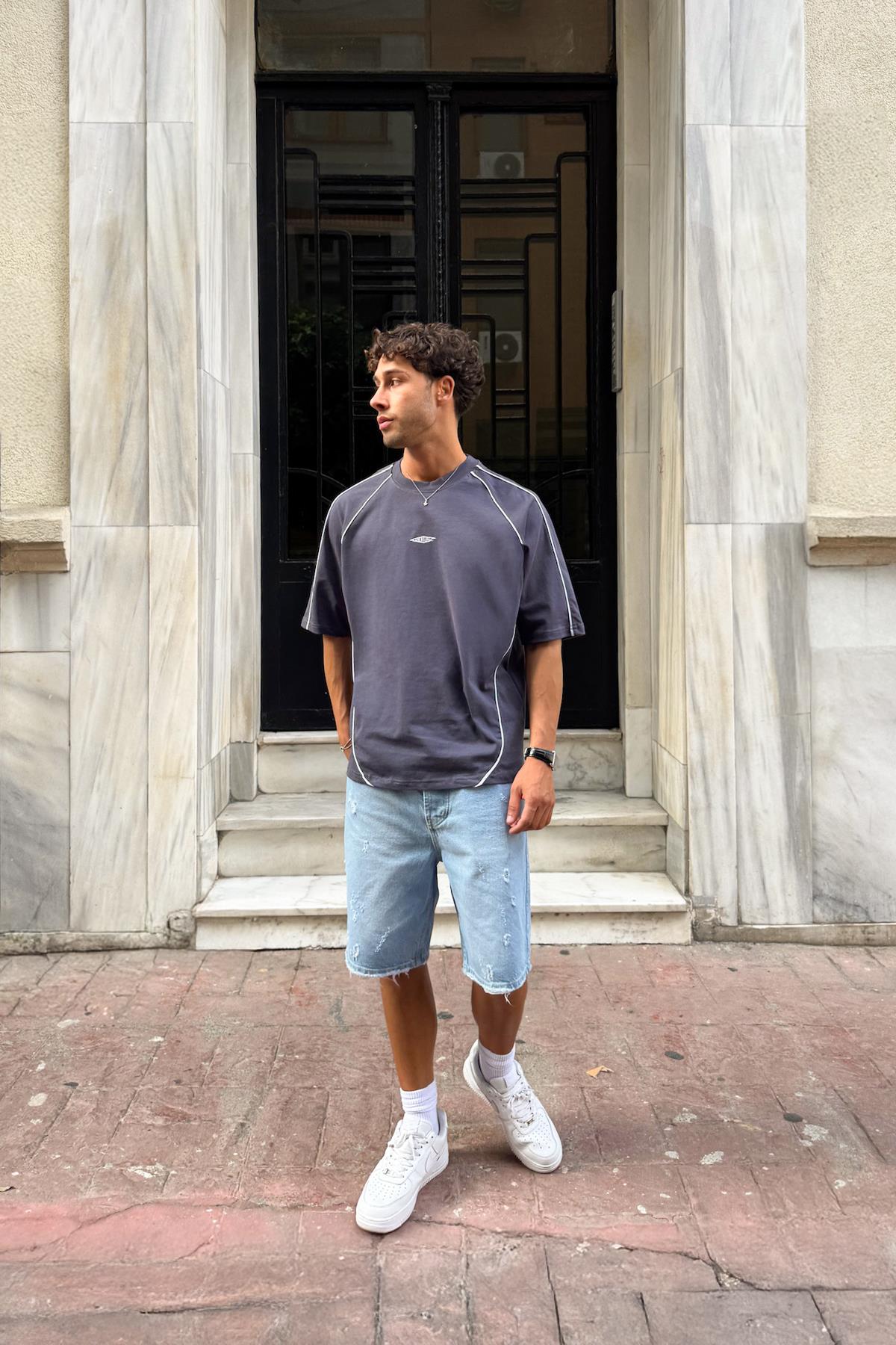 Greathland Nakışlı Füme Oversize Tişört