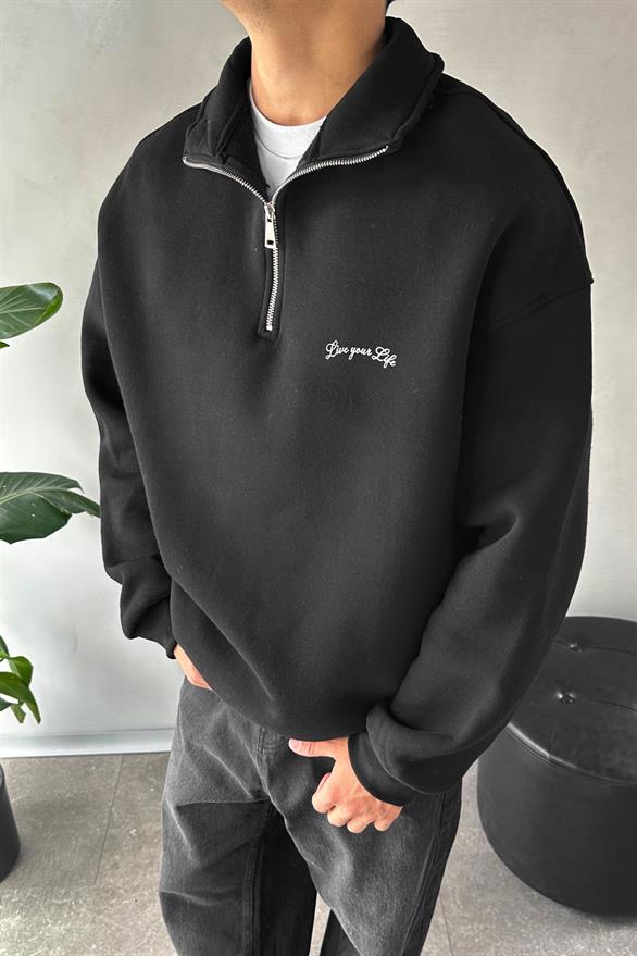 Half Zip Baskılı Siyah Oversize Sweatshirt