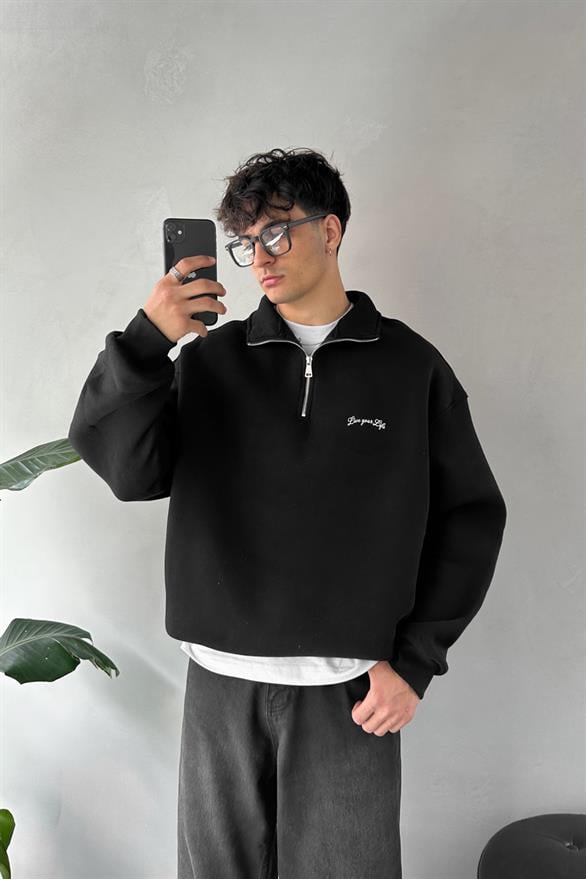 Half Zip Baskılı Siyah Oversize Sweatshirt