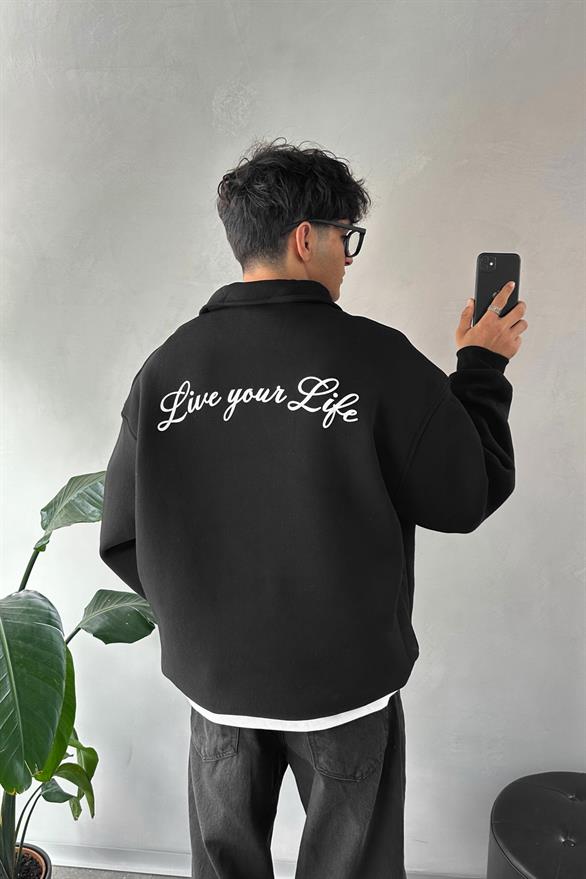 Half Zip Baskılı Siyah Oversize Sweatshirt
