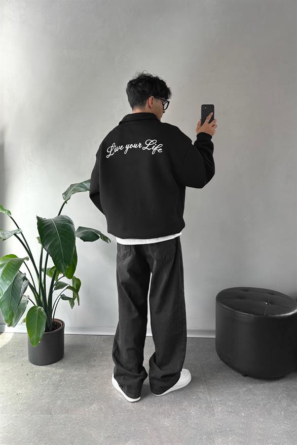 Half Zip Baskılı Siyah Oversize Sweatshirt
