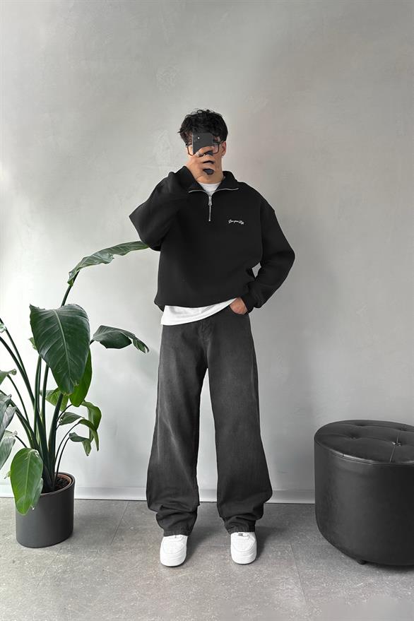 Half Zip Baskılı Siyah Oversize Sweatshirt