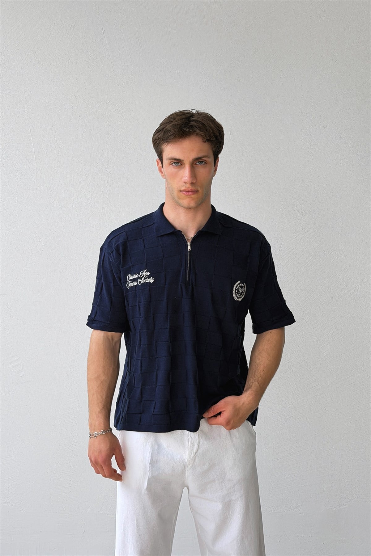 Half Zip Classic Ace Nakışlı Triko Tişört