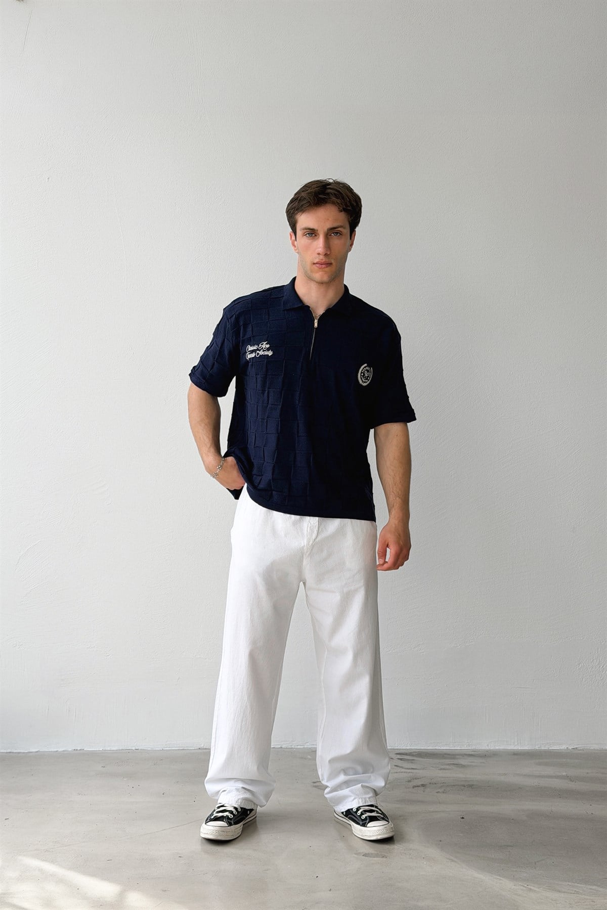 Half Zip Classic Ace Nakışlı Triko Tişört