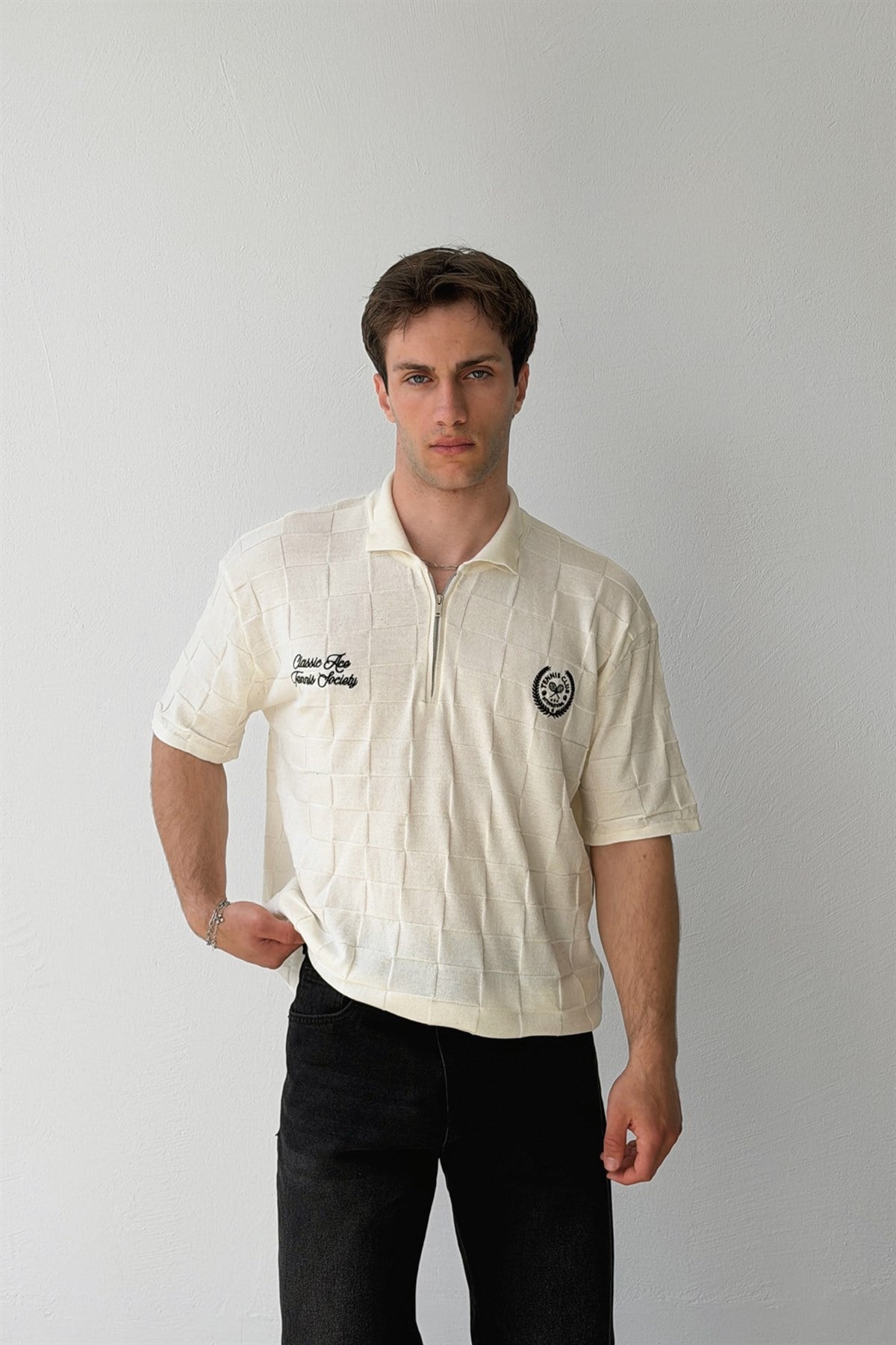 Half Zip Classic Ace Nakışlı Triko Tişört