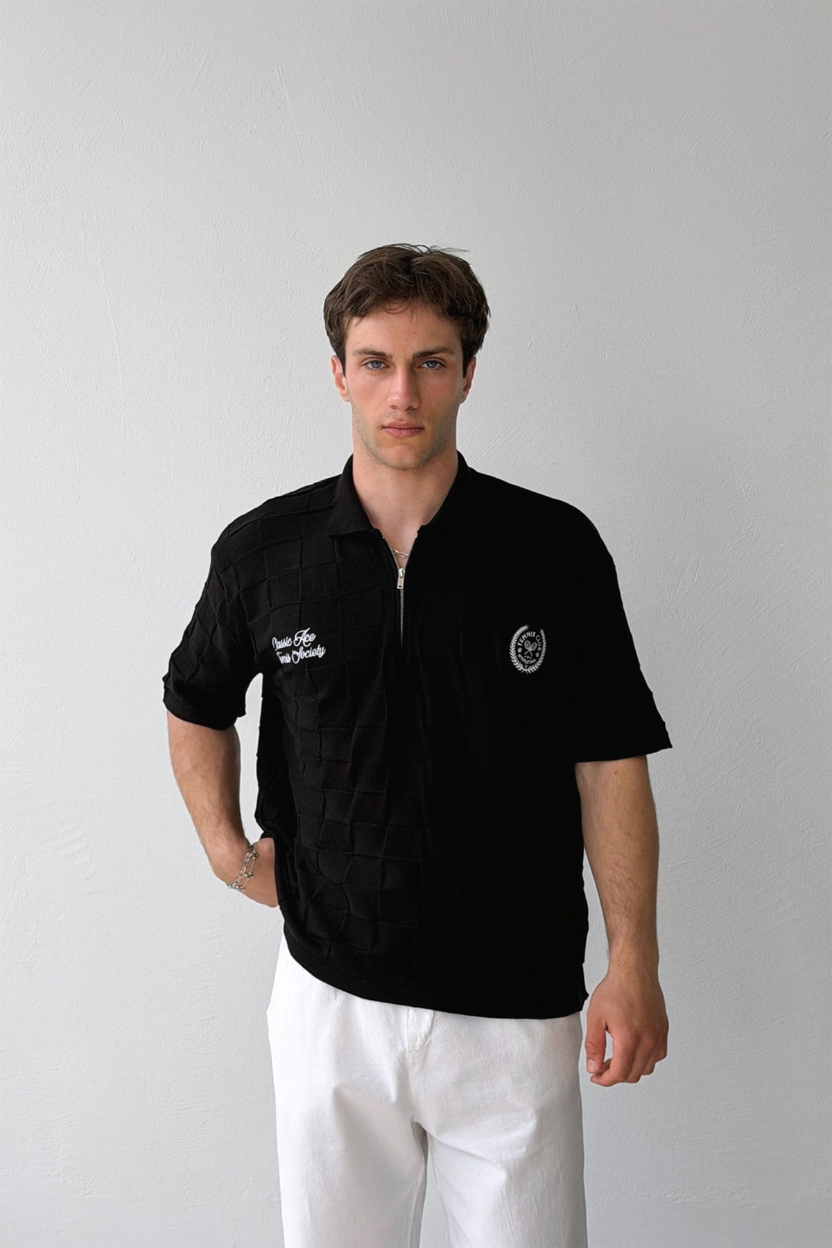 Half Zip Classic Ace Nakışlı Triko Tişört