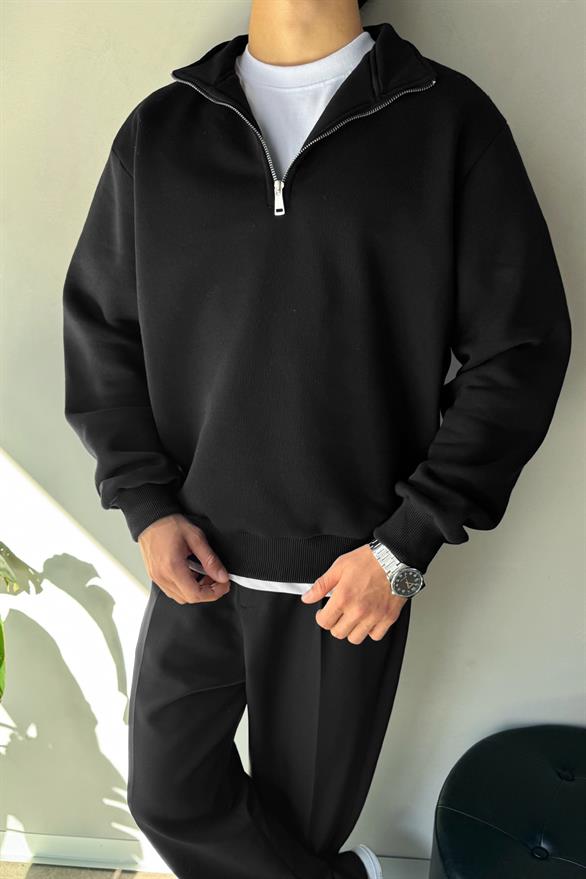 Half Zip Oversize Polo Yaka Sweatshirt Siyah