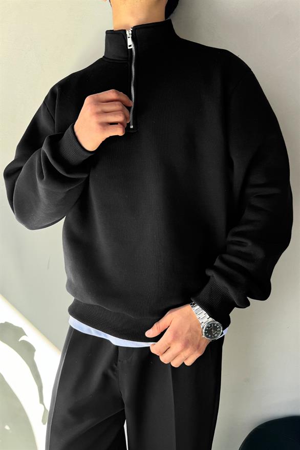 Half Zip Oversize Polo Yaka Sweatshirt Siyah
